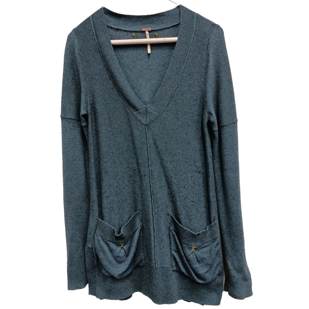 Free People BOHO Tunic Sweater Womens XS Teal V Neck Pullover Pockets Minimalist